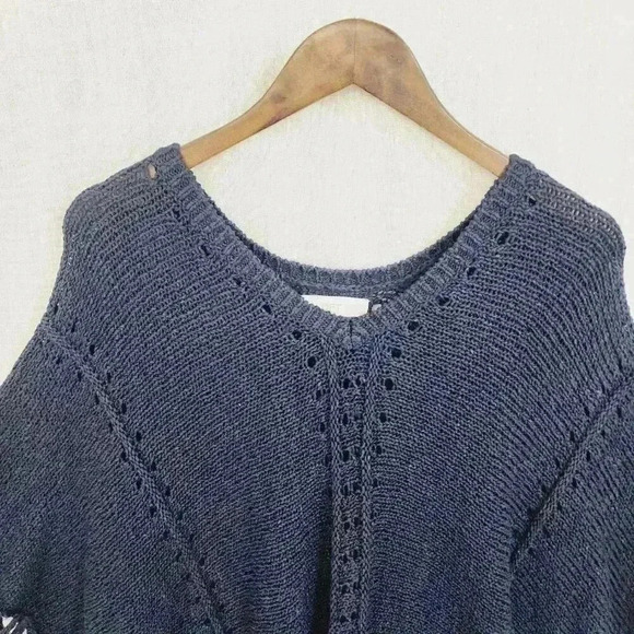 Loft Knit Sweater Cape Fringe M/L Navy Blue 7689C - Picture 3 of 8